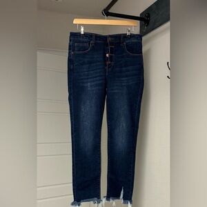 Risen Button Fly Dark Indigo Skinny Jeans with Frayed Hem